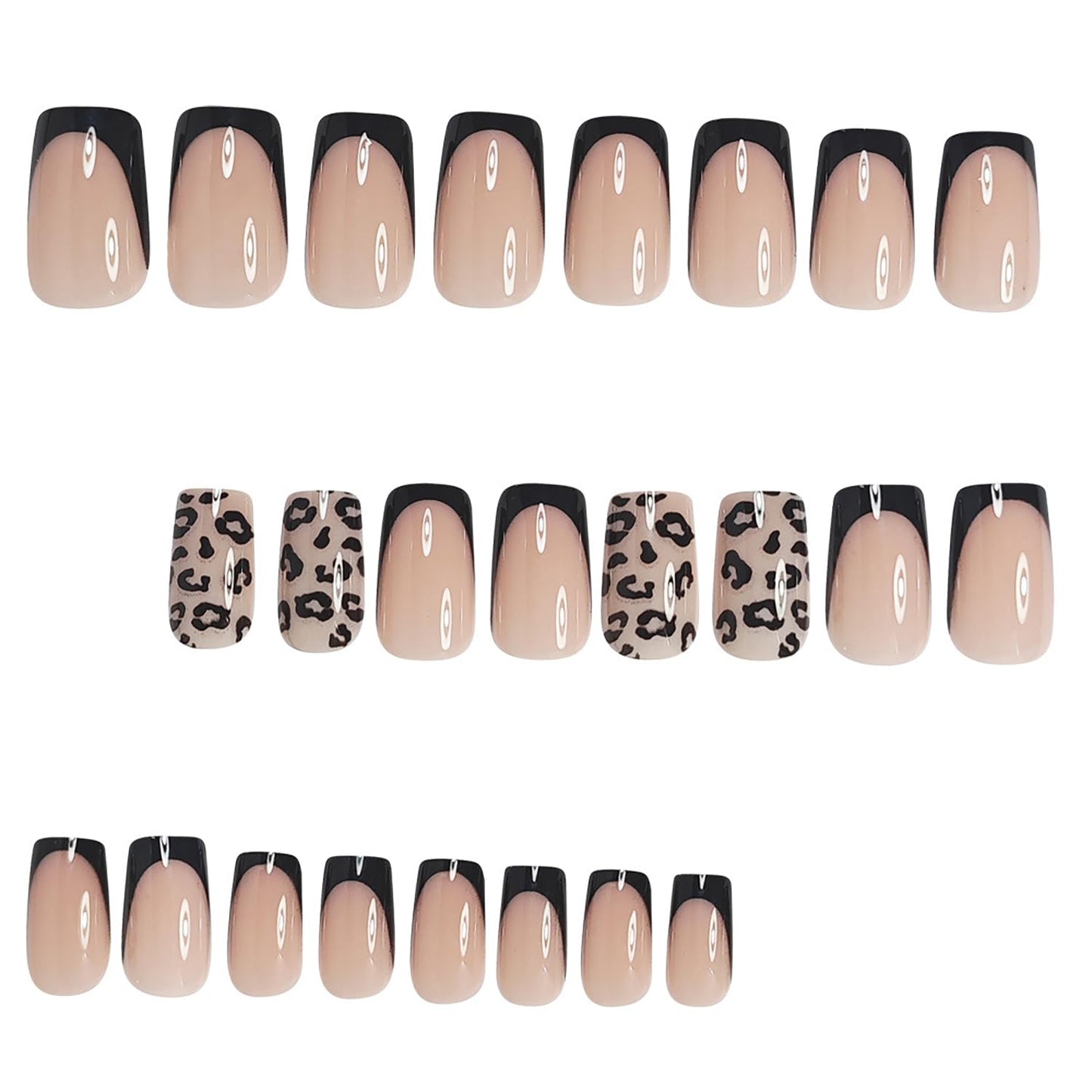 Black French Press On Nails Short Square Fake Nails With Leopard Print Design Acrylic Nails Pink Glossy Nail Press Ons Reusable False Glue On Nails For Women