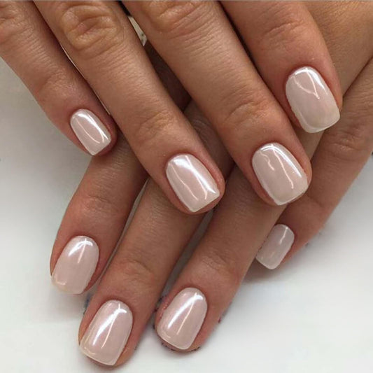 GLAMERMAID Pure White Pearl Chrome Extra Short Press on Nails, Glazed Handmade Gel Fake Nails Short Squoval, Mirror Powder Square Glue on Nails, Acrylic False Nails, Glossy Round Fake Nails for Women