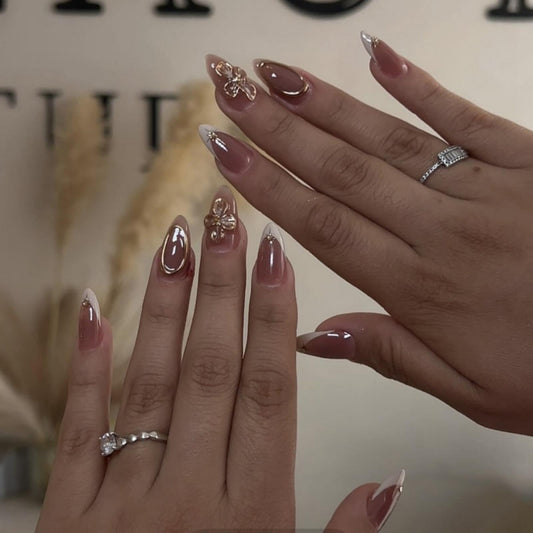 Ombre Press on Nails Medium Almond Fake Nails with Gold Flowers Design Glossy White French Tips Glue on Nail Gold Lines Nails Press ons Reusable Full Cover Spring Summer Nail for Women Manicure 24Pcs