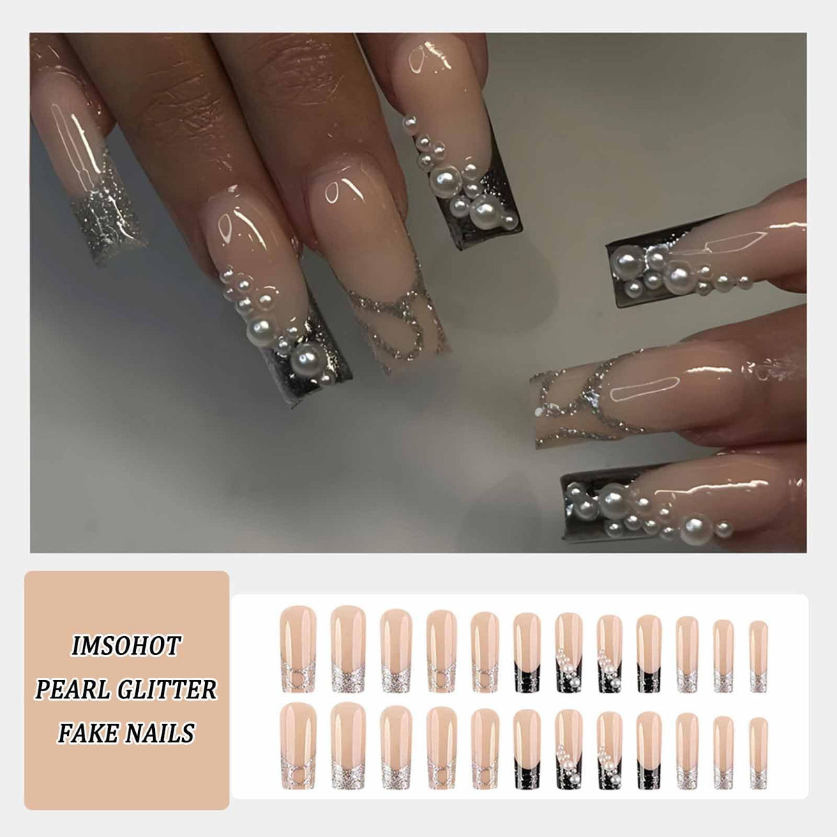 IMSOHOT Press on Nails Long Square Y2K Fake Nails with Pearls Design Silver Glitter Powder French False Nails Tips Full Cover Gel Glue on Nails for Women Girls 24Pcs