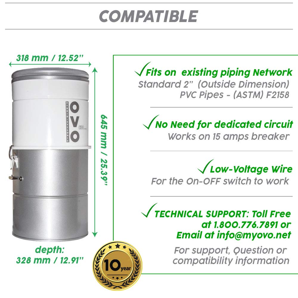 OVO Large and Powerful Central Vacuum System, Hybrid Filtration (with or Without Disposable Bags), 25L or 6.6 Gal, 630 Airwatts + 30 ft Premium Deluxe Accessory Kit
