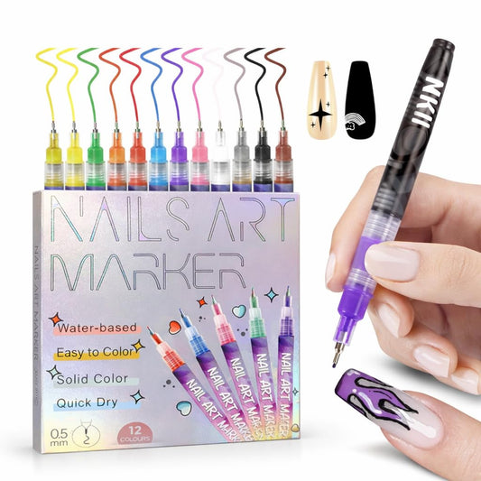 Kit de Marcadores para Decorar Uñas 12 Colores - Nails Art Pens de Secado Rápido con Punta Fina para Diseños Detallados, Ideal para Mujeres y Niñas, Manicura en Casa.