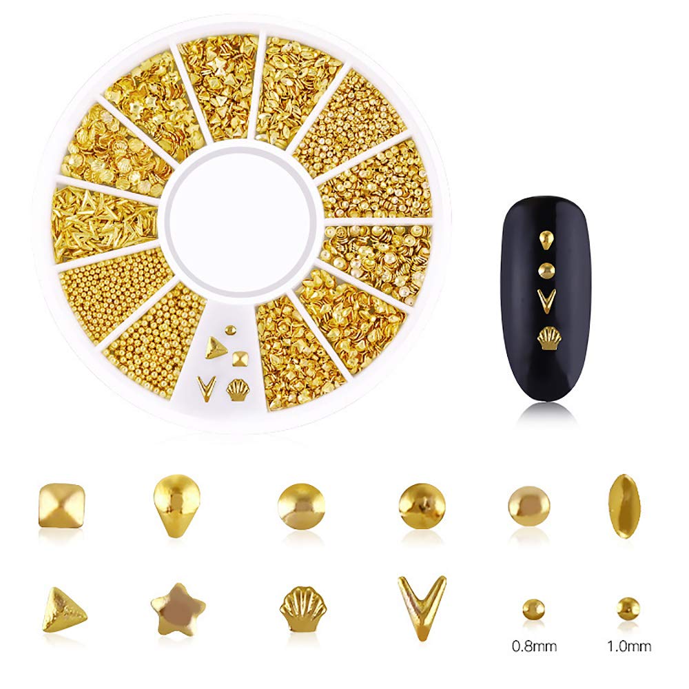 WOKOTO 6 Boxes Gold Nail Charms Studs Rose Star Moon Feather Shape Metal Nail 3D Charm Kit 3D Nail Art Jewelry Decoration with 1Pc Tweezers and Picker Pencil Tools