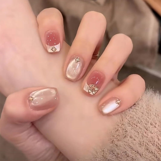 HZJXRT Press on Nails Short Square Sparkly White French Tips Fake Nails with Rhinestones Design, Glossy Pink Full Cover Glue On False Nail Flower Stick on Artificial Fingernails for Women Gift