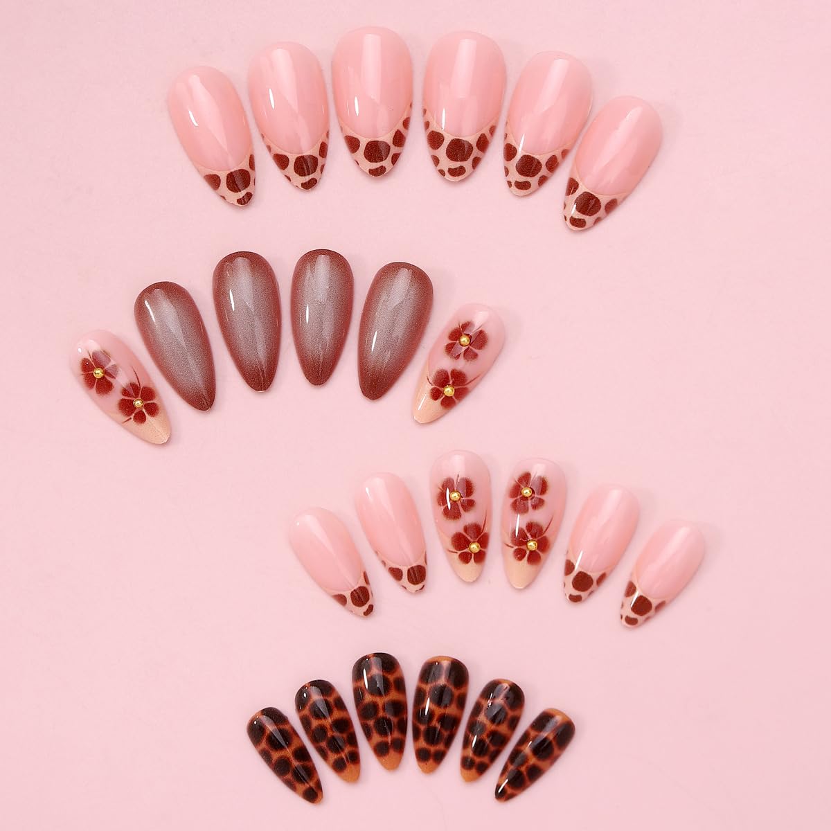 Leopard Print Press on Nails Medium Almond Fake Nails French Tips with Leopard Print Floral 3D Golden Pearl Design False Nails Brown Glossy Acrylic Stick on for Women Girls Manicure Decoration 24Pcs