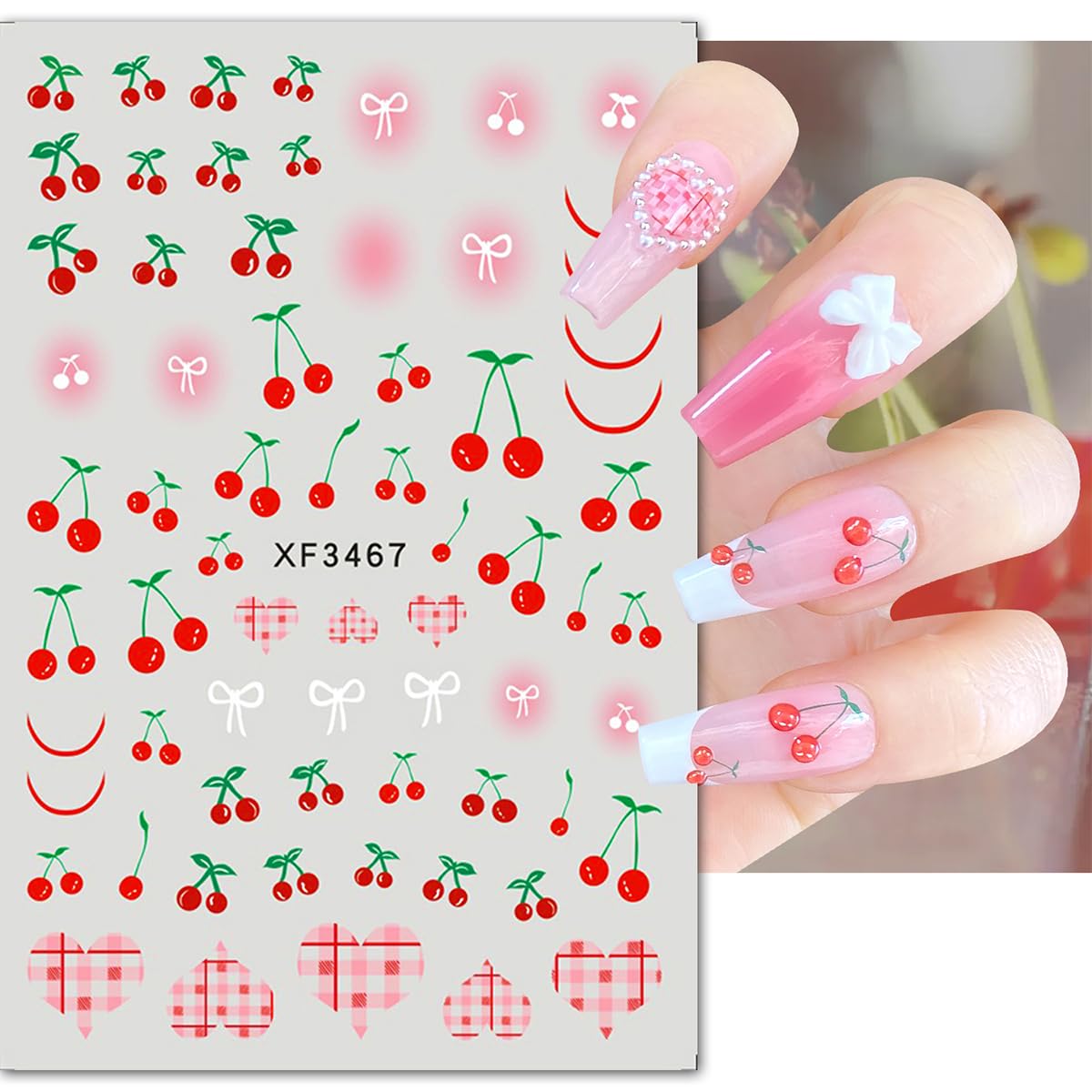 6Sheets Cherry Nail Art Stickers Decals Summer Fruit Nail Stickers 3D Self-Adhesive Strawberry Bow Nail Art Design Supplies Cute Fruits Rabbits Nail Decals for Women and Girls Acrylic Nails Decoration