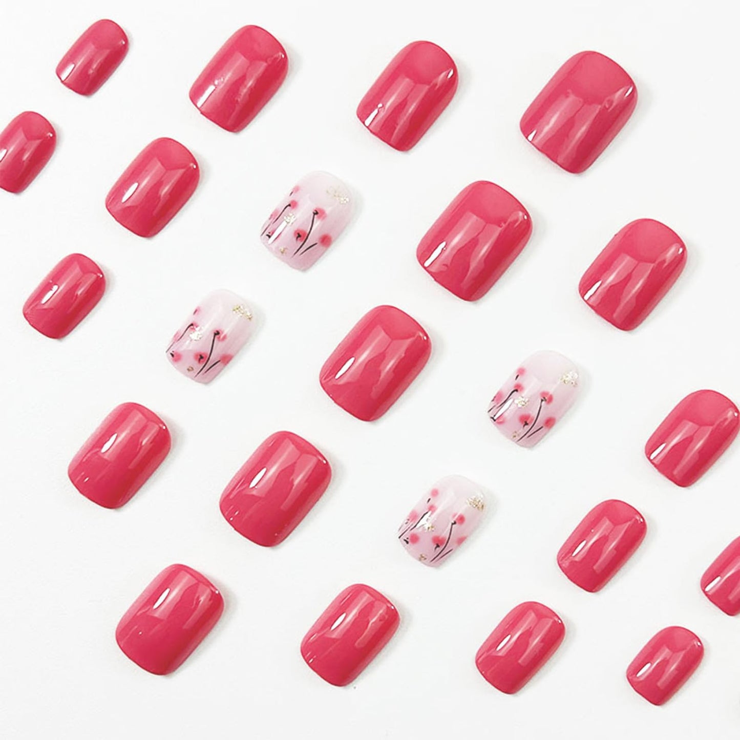 Pink Press on Nails Short Square Fake Nails with Gold Glitter Designs 24Pcs Pink Flower Press on False Nails Glossy Acrylic Glue on Nail Spring Summer Floral Stick on Nail for Women