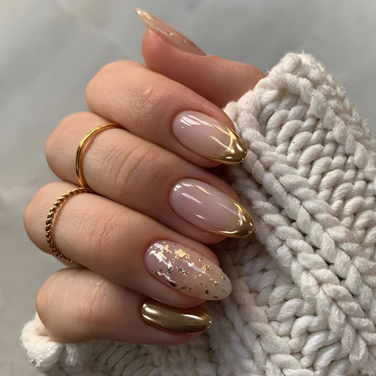 Gold French Tip Press on Nails Short Almond Fake Nails with Glitter Design - Glossy Full Cover Stick on False Nails for Women - 24 Pcs