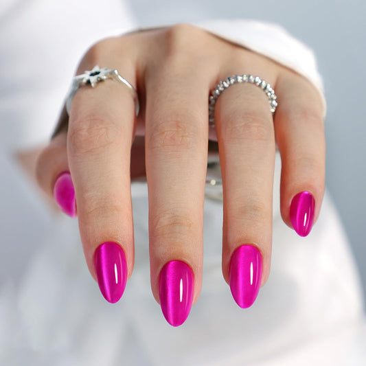 Hot Pink Almond Cat Eye Press on Nails - GJZEZ Soft Gel Short Fuchsia Glass Cateye Fall Stick on Nails Press Ons, Neon Pink Mauve Fake Nail | 16 Sizes - 32 pcs Reusable Prom False Nail, Magenta Rose