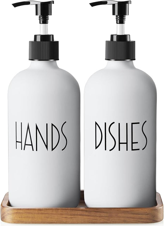 ALELION White Dish Soap Dispenser Set for Kitchen - 16 OZ Hand Soap Dispenser with Pump and Acacia Wood Tray - for White Kitchen Decor and Accessories