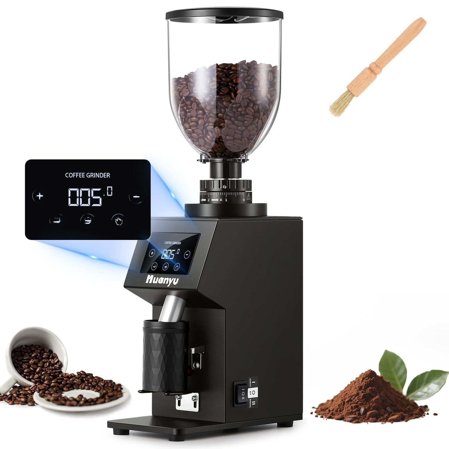 Huanyu Commercial Coffee Grinder with 64mm Flat Burr Anti-Flying Grounds Outlet 26oz Lotus Hopper 8 Stepless Settings Electric Coffee Grinders with Smart Touchscreen for Cafés Restaurants