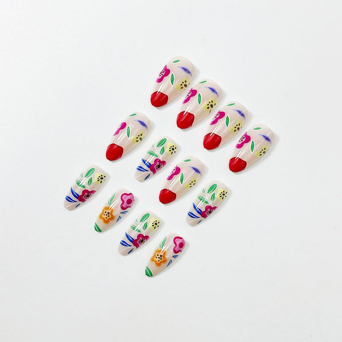 Almond Press on Nails Summer Fake Nails with Colorful Floral designs Acrylic Artificial Nail Full Cover Medium Length Stick on Nail Cute False Nails Reusable Glue on Nails for Women Spring 24pcs