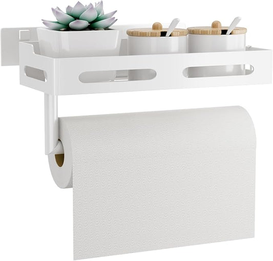 Paper Towel Holder Wall Mount with Shelf, Easy One Hand Tear, Adhesive Glue or Drill Mount Hanging Paper Towel Holder with Shelf for Kitchen/Bathroom/RV, White Metal, 4 Hooks
