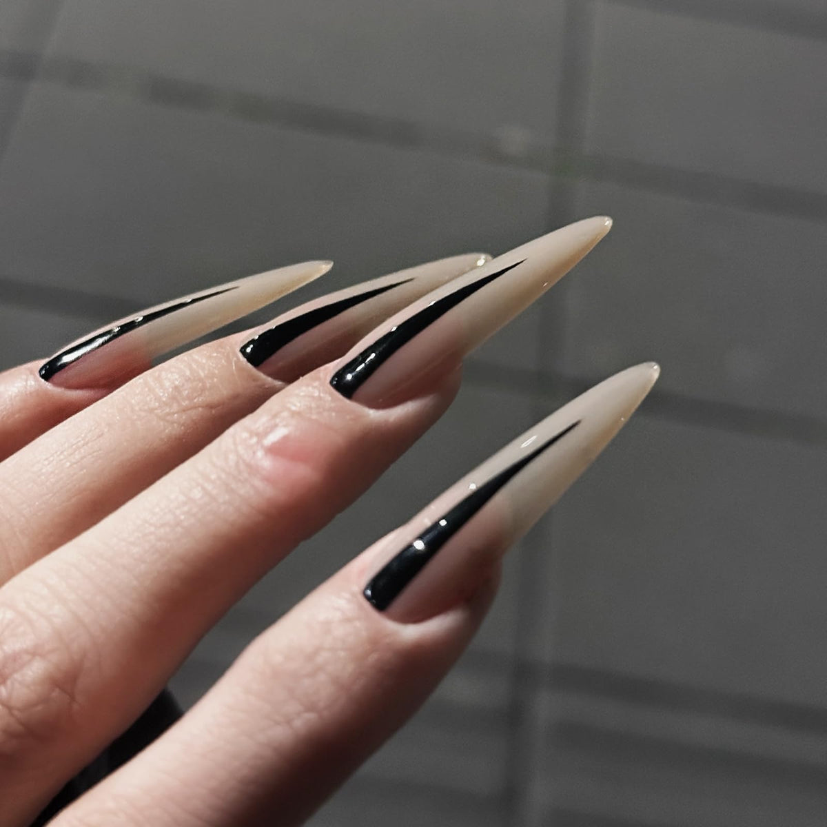 IMRAIN Press on Nails Long Stiletto Fake Nails Nude Glossy Glue on Nails Full Cover Goth Nail Supplies DIY Acrylic False Nails for Women Girls 24Pcs