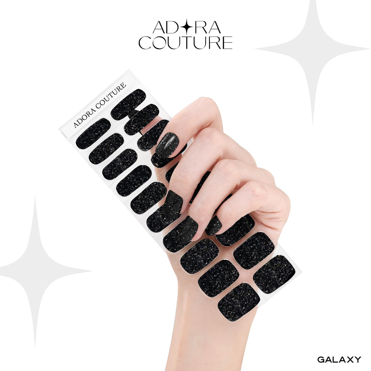 Adora Couture Semi Cured Gel Nail Strips with 20 Pieces - UV Gel Stickers, Manicure Kit, Easy Application Wraps Includes Prep Pads, Nail File, Wooden Stick - UV Light Required (Black Galaxy)