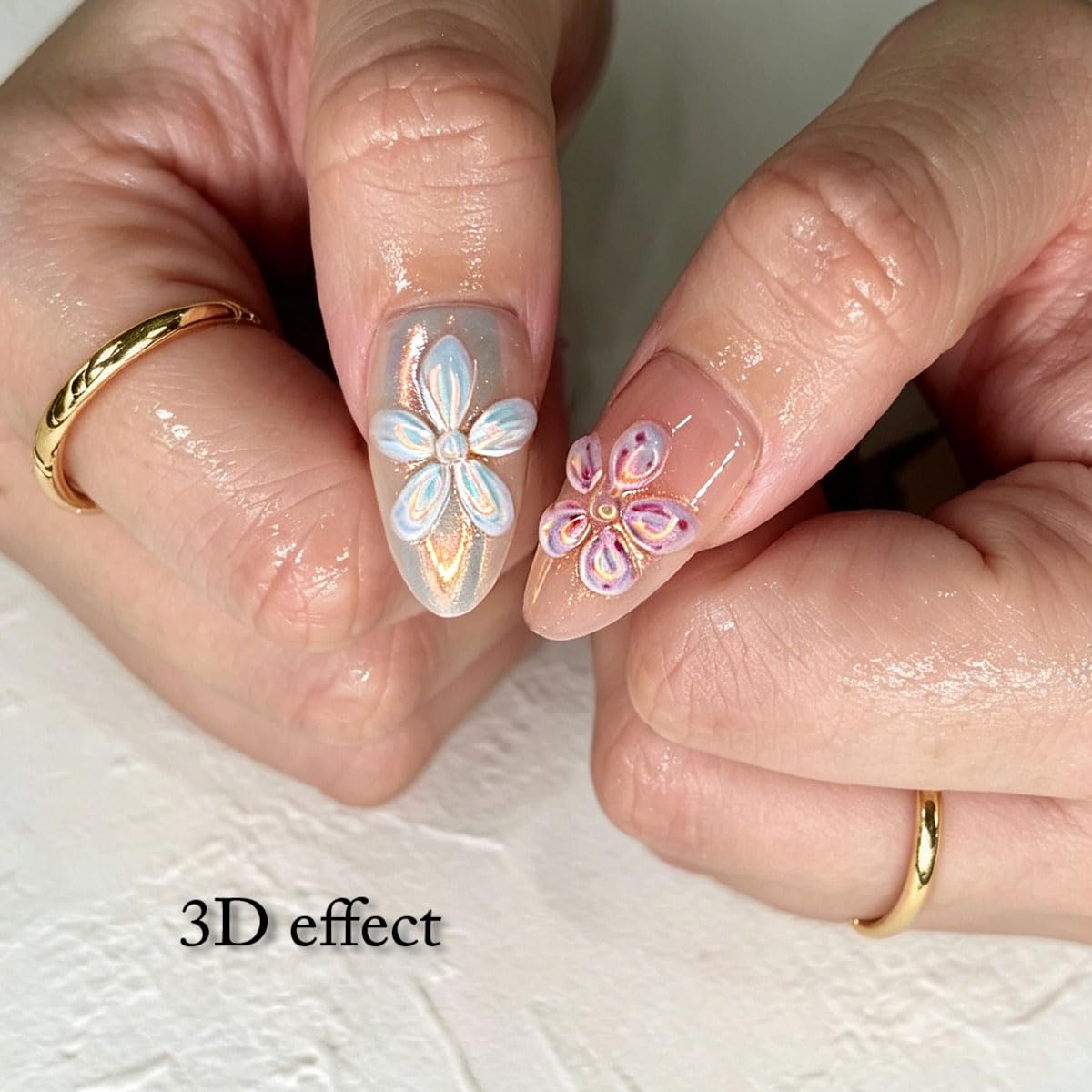 3D Press On Nails Almond Medium French Fake Nails with Cat's Eye Embossed Flower&Butterfly Summer Designs, Acrylic Artificial Nail Press ons False Stick On Nails for Women Girls 30Pcs