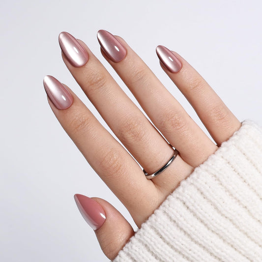 Cat Eye Press On Nails - Mauve Short Almond Fake Nails, CatEye Press On Nails Reusable Stick On Nails in 16 Sizes, 32pcs False Nail Kit for Women & Girls (Metallic Mauve)