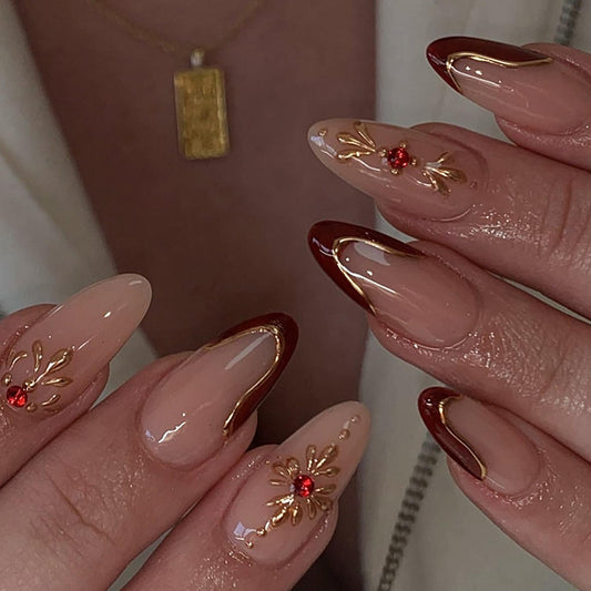 3D Gold Irregular Lines Press on Nails Medium Almond Press on Red French Tip Fake Nails Golden Sun False Nails with Shiny Rhinestones Design Artificial Nails Glossy Glue on Nails for Women Nails 24Pcs