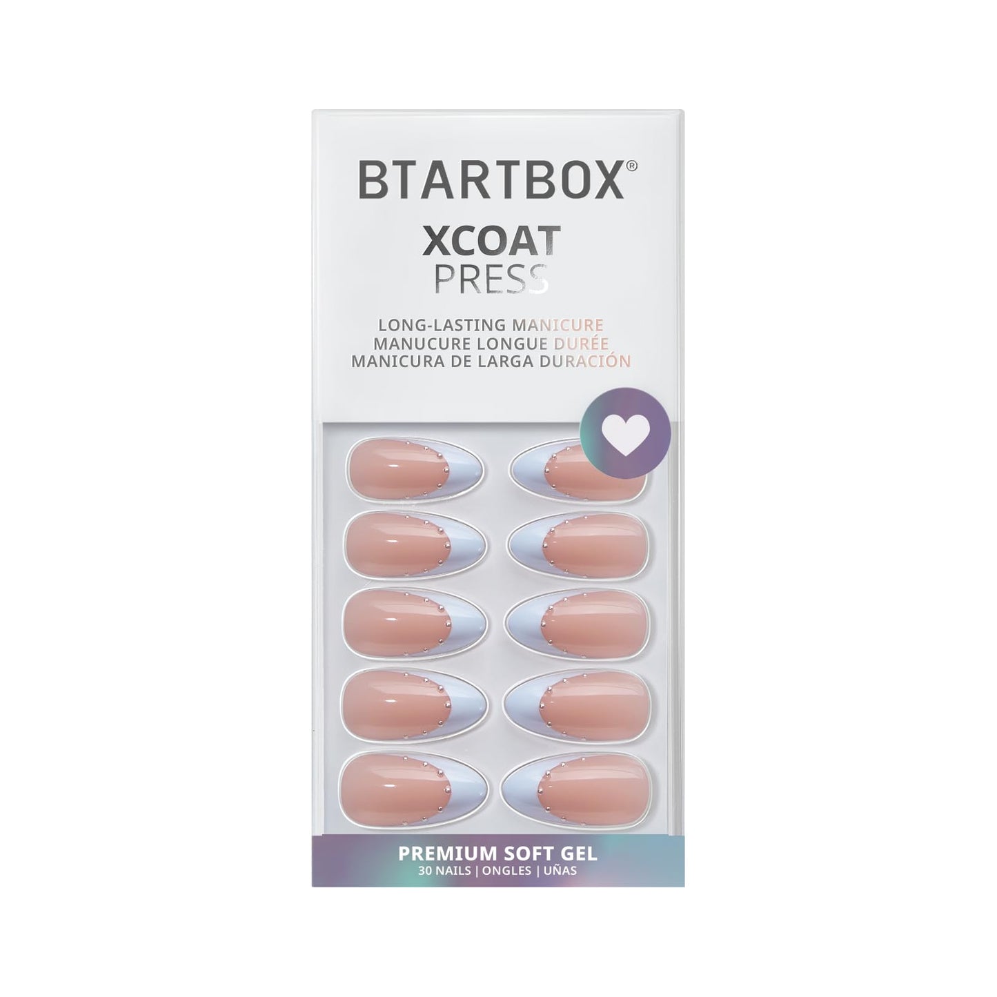 BTArtbox French Tip Press On Nails - Something Blue, Lamp-Curable 4-Week Wear Blue Medium Almond Press On Nails with Glue and Adhesive Tabs, Easy-to-Apply in 15 Sizes - 30 Nails All-in-One Kit