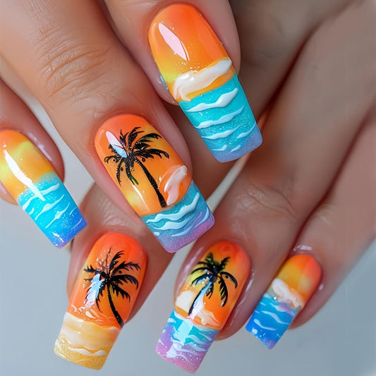 CTTHNBD Press on Nails Medium - Coffin Fake Nails with Beach Coconut Tree Design - Colorful, Summer False Nails Press ons - for Women 24 Pcs