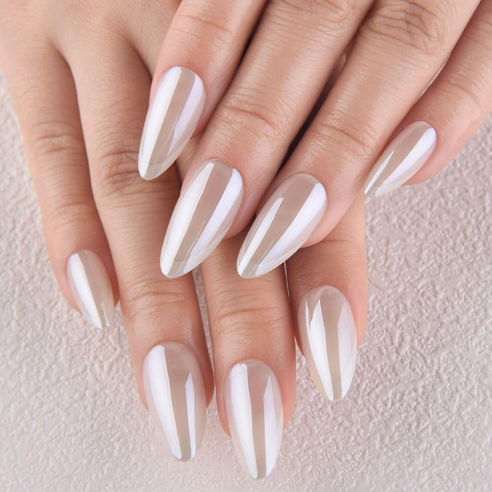 evpct Pearl White Glazed Press On Nails Short Almond, Beige French Tip Chrome Glazed Glossy Stick on Nail for Women Gift, Reusable Full Cover Soft Gel Press on Fake Nail with French Tip Design