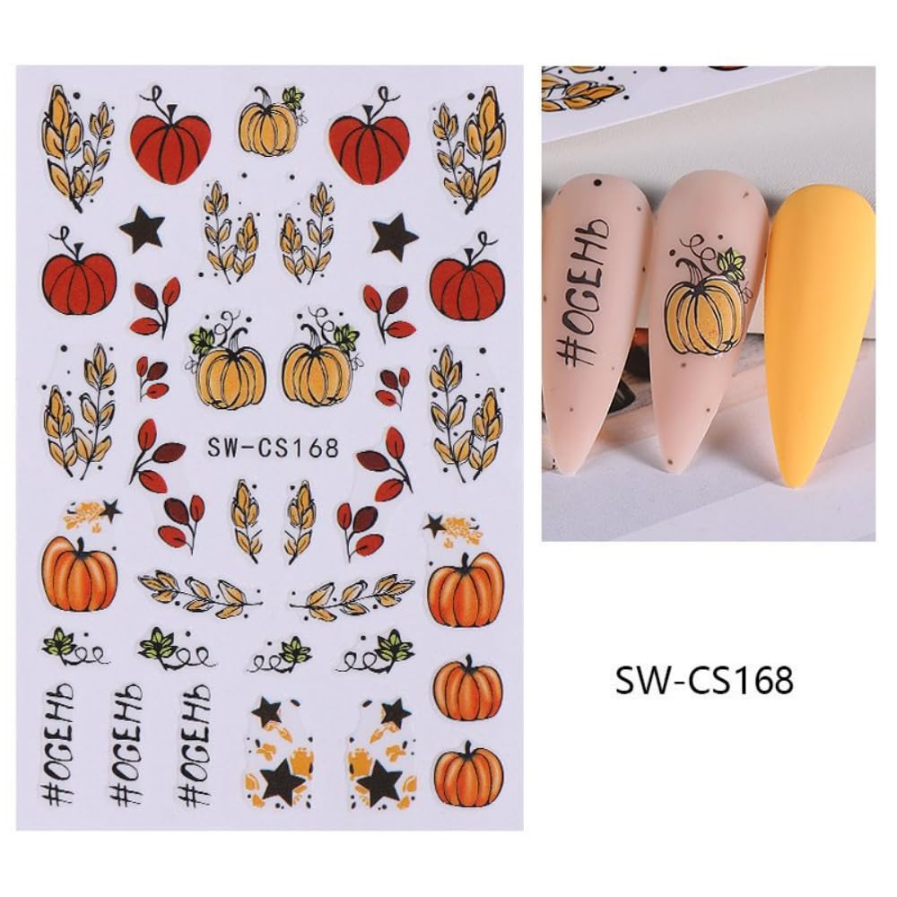 Fall Nail Stickers Pumpkin Maple Leaves Nail Art Stickers 3D Self Adhesive Orange Yellow Leaf Nail Art Supplies Autumn Nail Design Flower Nail Decals for Women 6 Sheets