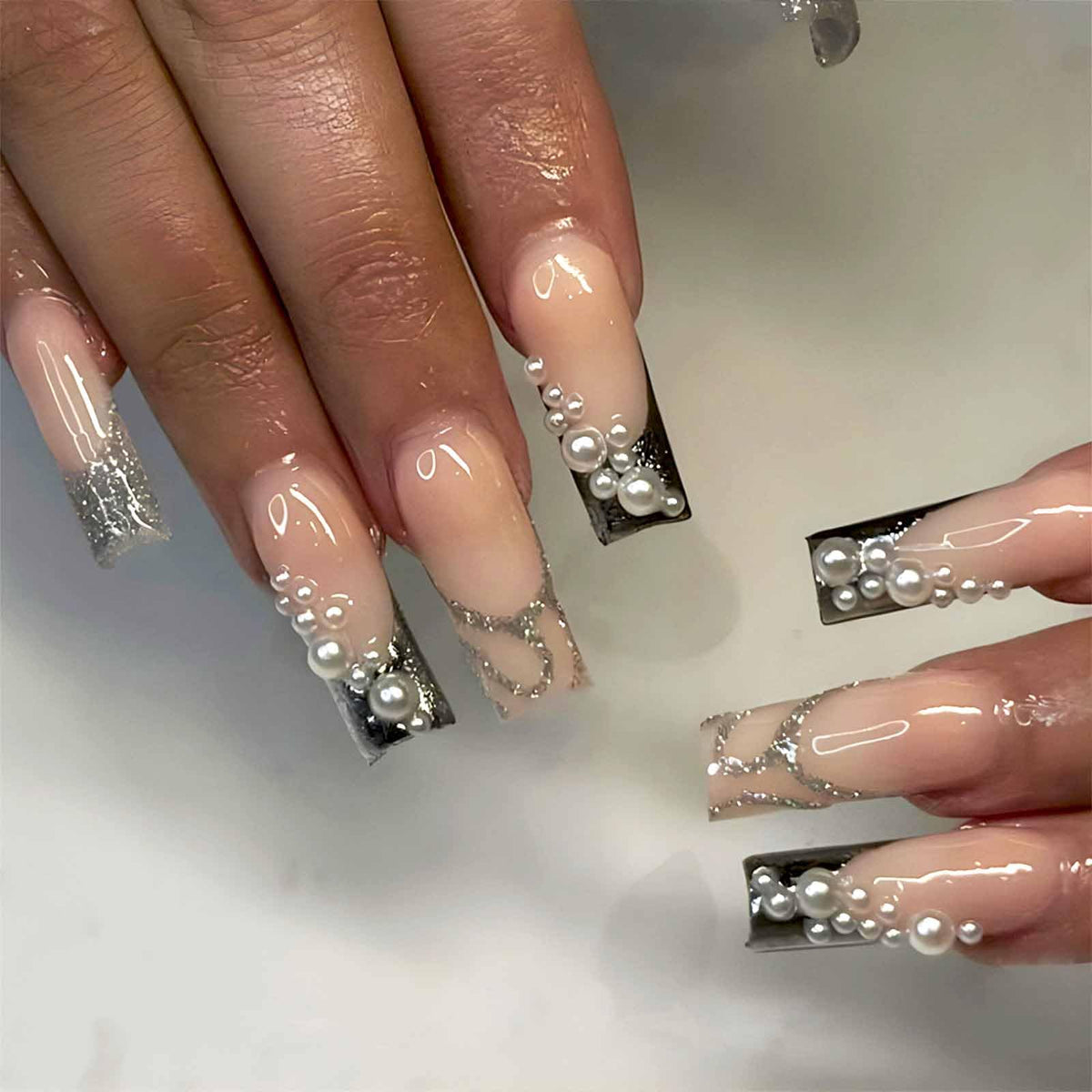 IMSOHOT Press on Nails Long Square Y2K Fake Nails with Pearls Design Silver Glitter Powder French False Nails Tips Full Cover Gel Glue on Nails for Women Girls 24Pcs