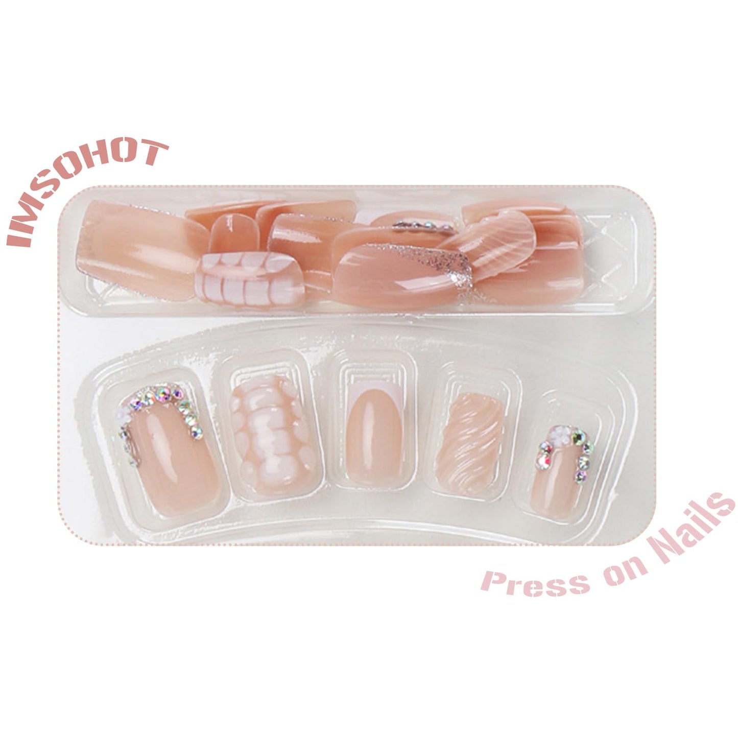 IMSOHOT Press on Nails Square Short Fake Nails French Tips False Nails with Rhinestone Design Glossy Glue on Nails Full Cover White Crocodile Print Acrylic Nude Nail Supplies for Women Girls