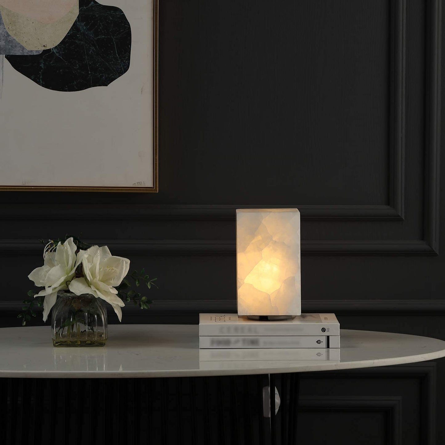 Artsolute Natural Solid Stone Table Lamp with One-of-a-Kind Crystal Texture, Small Accent Lamp with 3 Colors Dimmable LED, Unique Lamp for Bedroom Living Room, Cuboid White