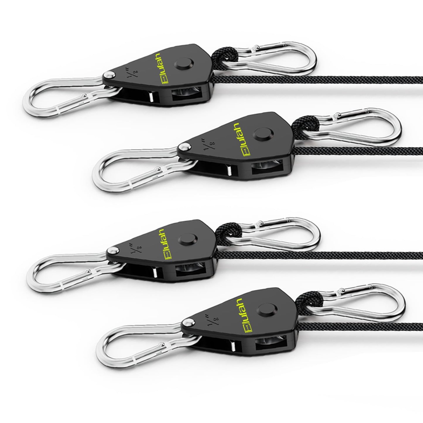 ELUFAH Longer 10ft 1/8" Ratchet Straps Hanger Rope Tie-Down Ratchet Outdoor Windproof Rope Roller Adjustable Hanger Grow Light Camping Tent Kayak Paracord 4-Pack"