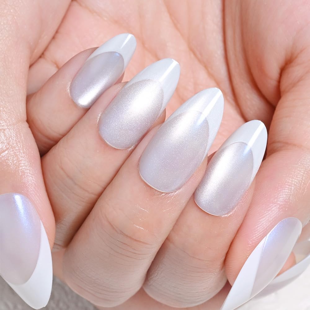 evpct Pearl Cat Eye French Tip Press on Nails Almond Medium No Glue, White French Tip Medium Almond Holographic Stick on Nails for Women, Reusable Full Cover Soft Press on Nail Perfectly with Design