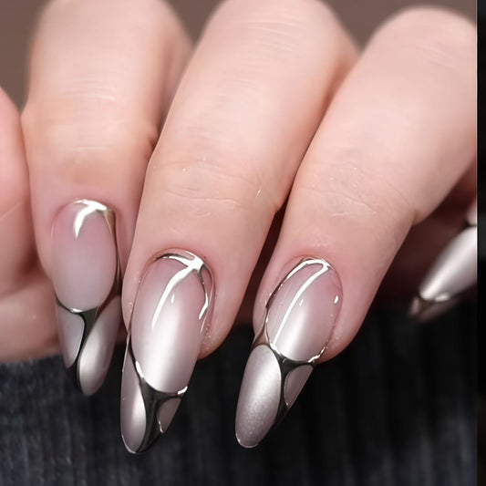 Medium Almond Press on Nails - Cat Eye Fake Nails with Lrregular Silver Line Designs False Nails Punk Style Glue on Nails Glossy Full Cover Stick on Nails for Women Manicure 24Pcs