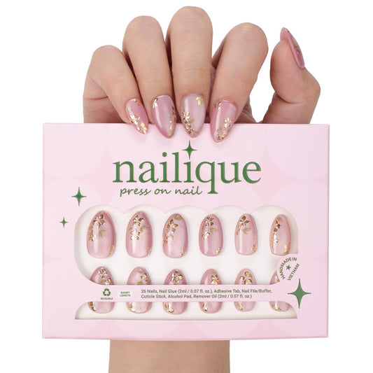 Nailique Press On Nails Short Almond – Handmade Pink Cat Eye Soft Gel with Gold Foil Floral Design, 26pcs Reusable Nail Tips with Glue & Remover, Salon Quality Spring Wedding Manicure for Women