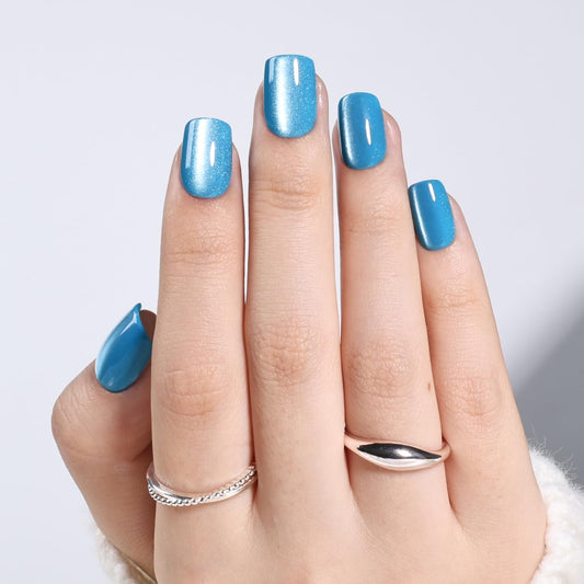 Leefrei Blue Cat Eye Press On Nails - Short Square Press on Nails Ocean Blue Nails Press Ons for Women, Reusable Glossy Fake Nails Kit with Glue DIY Nails Short in 15 Sizes - 30pcs, Ocean Teal