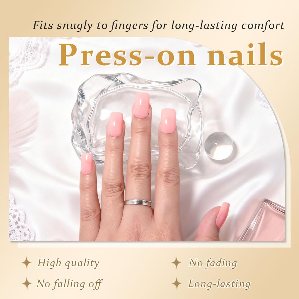 evpct Pale Nude Pink Short Square Glossy Press on Nails for Women Gift, Glossy Pale Nude Pink Fake Nail with Kits Manicure Kits, Soft Gel Full Cover Reusable Stick on Acrylic False Nails Perfectly Fit