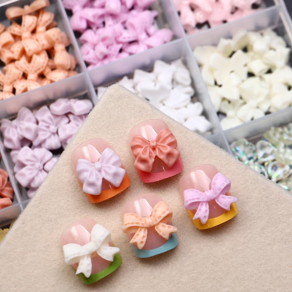 Bow Nail Charms 3D Resin Pink White Nail Gems Cute AB Crystal Bowknot Nail Jewels Shiny Bowknots Nail Art Supplies for Women DIY Acrylic Nail with Tweezers 12 Grids 1 Box 12 Styles