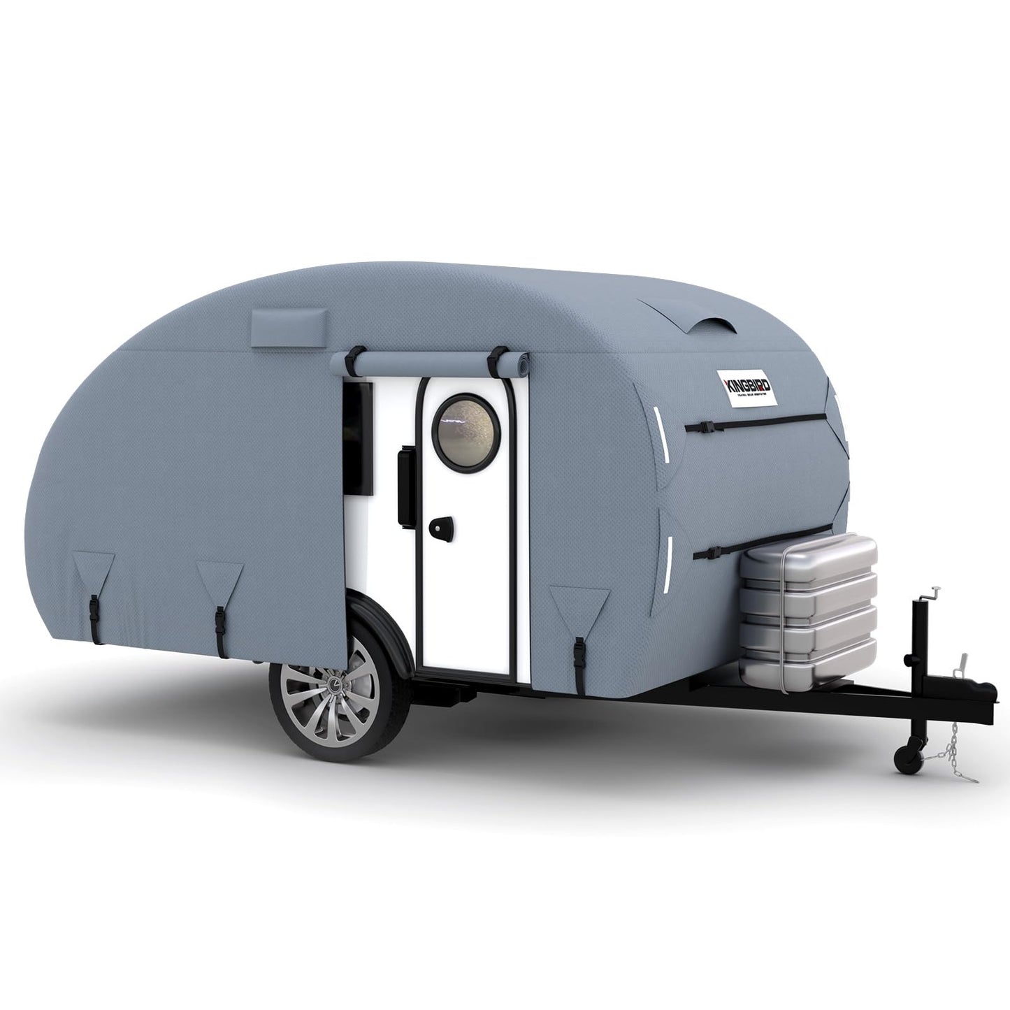 KING BIRD Heavy Duty Teardrop Travel Trailer Cover Fits 10'-12' Trailers, 5 Layers Top Waterproof Camper Cover with Windproof Strap for R-Pod Trailers, Clamshell Trailers