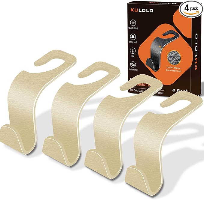 Car Seat Hooks & Purse Holder - 4 Pack Boxed,55 lb Heavy Duty,Eco PP Car Hooks for Purse/Bag/Baby Gear/Gym Bag/Groceries/Cup/,Fits 0.32-0.55Ã¢ÂÂCar Headrest Rods (Beige-2)