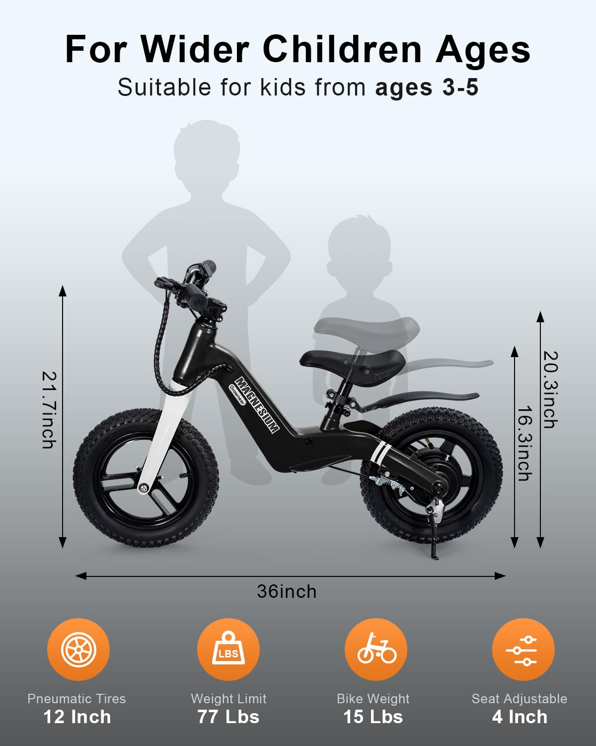 GROWNEER Electric Balance Bike for Kids 3-5 Year Old Boys Girls, 12 Inch Pneumatic Tires, 3 Speed Settings (3.1/6.2/9.3 mph), Light-up Front Tire & Adjustable Seat, 9.3 Mile Range, Black