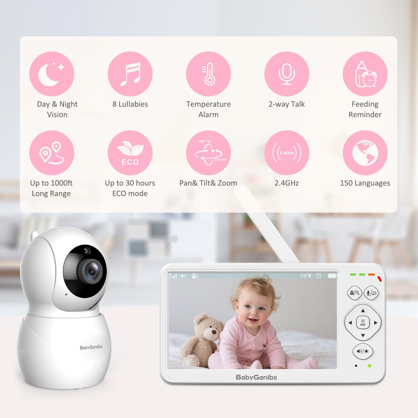 Baby Ganibs 6" Big Screen Baby Monitor with Camera and Audio, 1000ft Long Range No WiFi, 2-Way Talk, 8 Lullabies, ECO Mode, Infrared Night Vision, 150 Languages, Baby Shower,Baby Register Gift