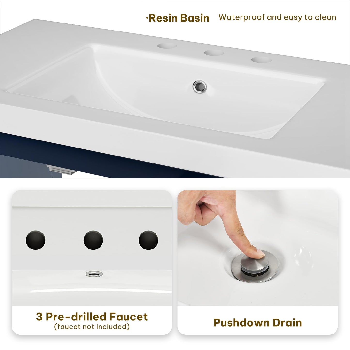 DWVO 42 Inch Bathroom Vanity with Sink Combo, Modern Bathroom Storage Cabinet with Resin Basin, Three Holes, 2 Doors & 3 Drawers, Navy Blue