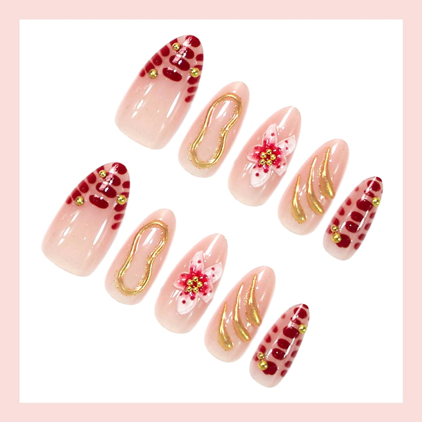 24Pcs Flower Press on Nails Medium Length Almond Fake Nails with Gold Irregular Line Design French Nails Cute Floral Stick on Nail Full Cover False Nail Artificial Nail for Women Manicure Decor