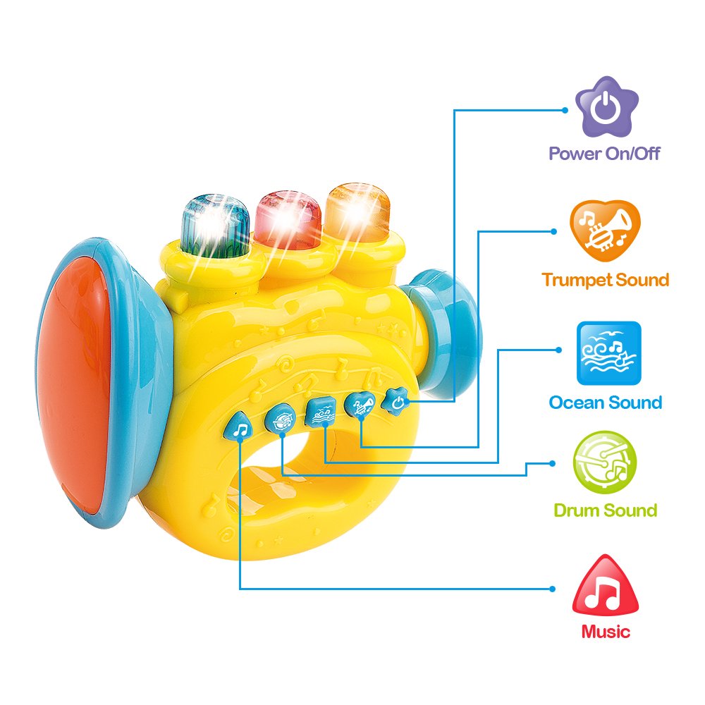 WEofferwhatYOUwant Baby Musical Instrument Set – 3 Piece Trumpet Drum Harp Bundle with Lights Songs Lullabies Interactive Play Modes Batteries Included BPA-Free Travel Ready Musical Gift for Toddlers