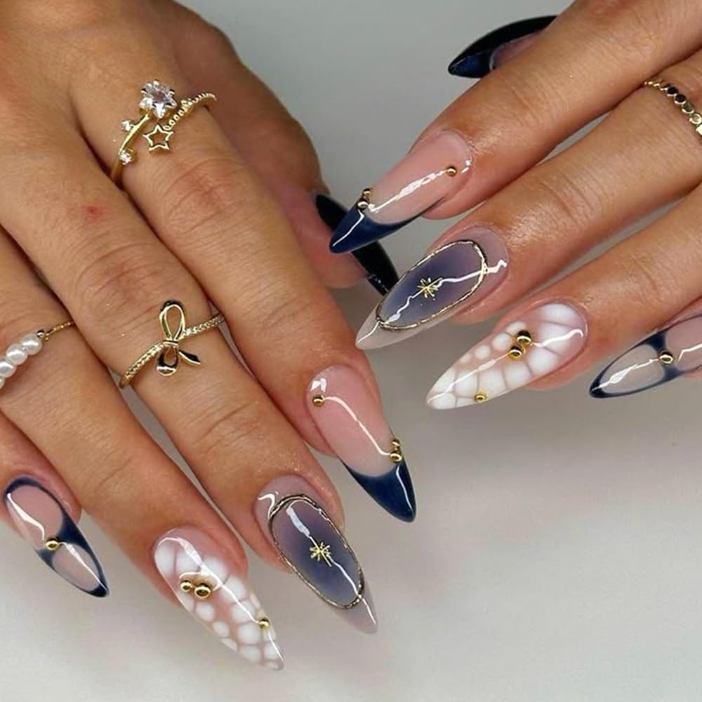 Star Nail Charms for Nails Art, 3D Gold Mixed Styles Stars Metallic Studs Rivets and Small Round Caviar Beads with Tweezers, Nail Jewelry Decorations Manicure Supplies Accessories for DIY Craft