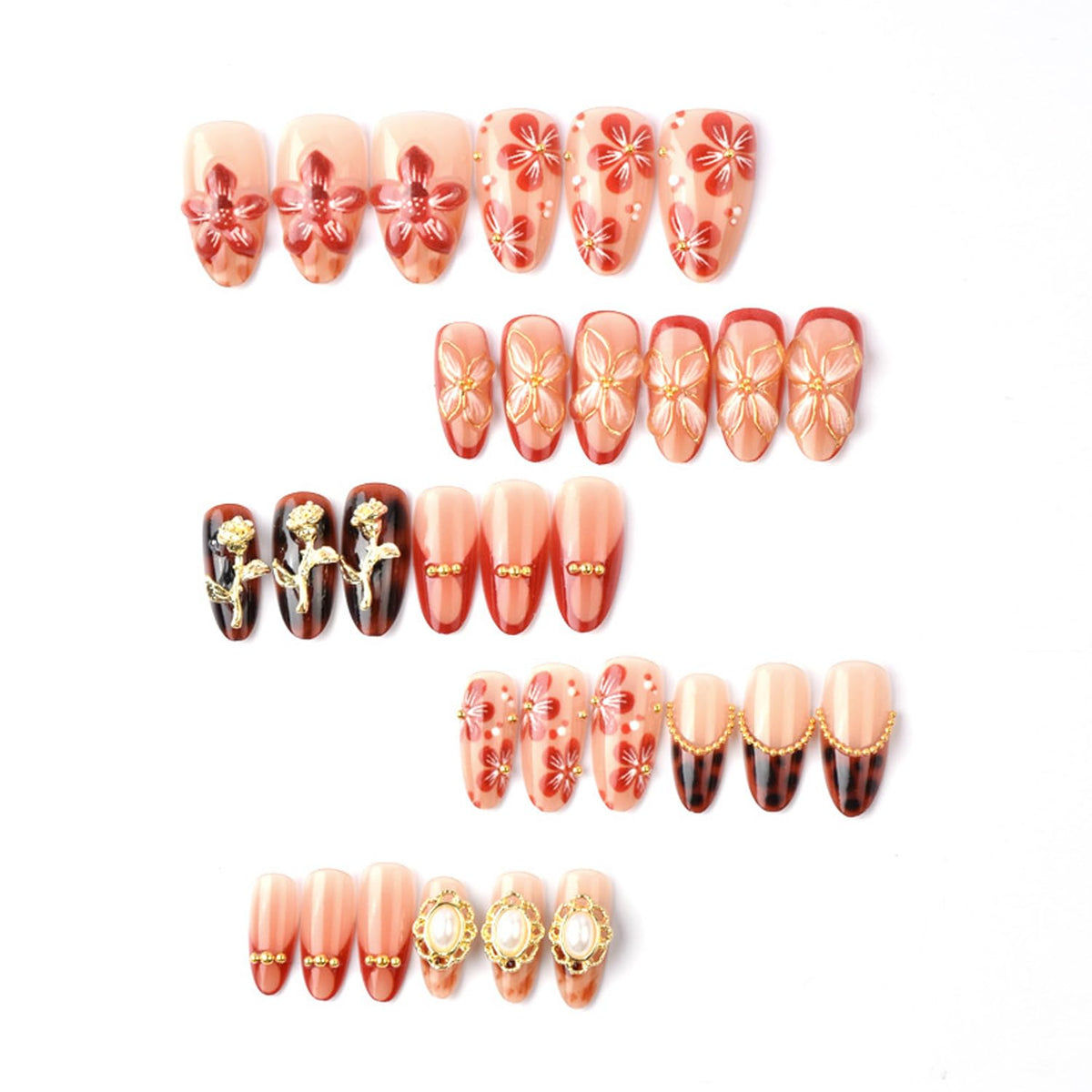 30Pcs Leopard French Tip Press on Nails Medium Almond Fake Nails with 3D Flower & Gems Design Valentine False Nails Rose Flowers Stick on Nails Glossy Fall Winter Floral Acrylic Glue on Nail for Women