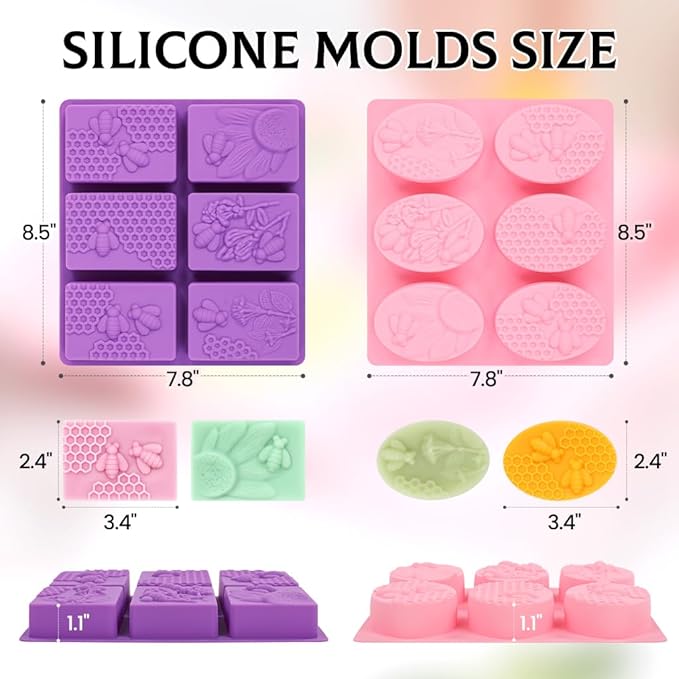 SJ Soap Molds 2 Packs, Oval and Rectangle 3D Honeycomb Silicone Soap Molds for Soap Making, 6 Cavity Mold for Homemade Soaps, DIY Wax Melts, Beeswax, Cake, Chocolate Bakeware, Purple ＆ Pink