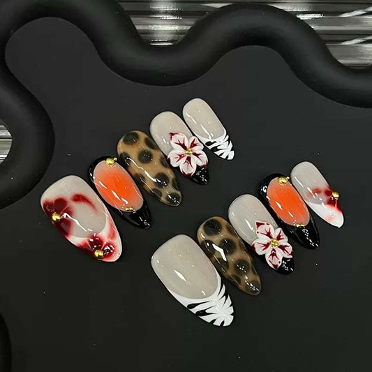 10Pcs Handmade Press On Nails Medium Almond Fake Nails 3D Flower With Gradient Design French Tip False Nail Full Cover Floral Stick On Nail Acrylic Glossy For Women Manicure(SIZE:M)