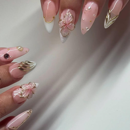 3D Cute Flowers Press on Nails Medium Almond Press on White French Tip Fake Nails Gold Edge False Nails with Pearls Designs Stick on Nails Glossy Glue on Nails for Women Nails Decor Accessories 24Pcs