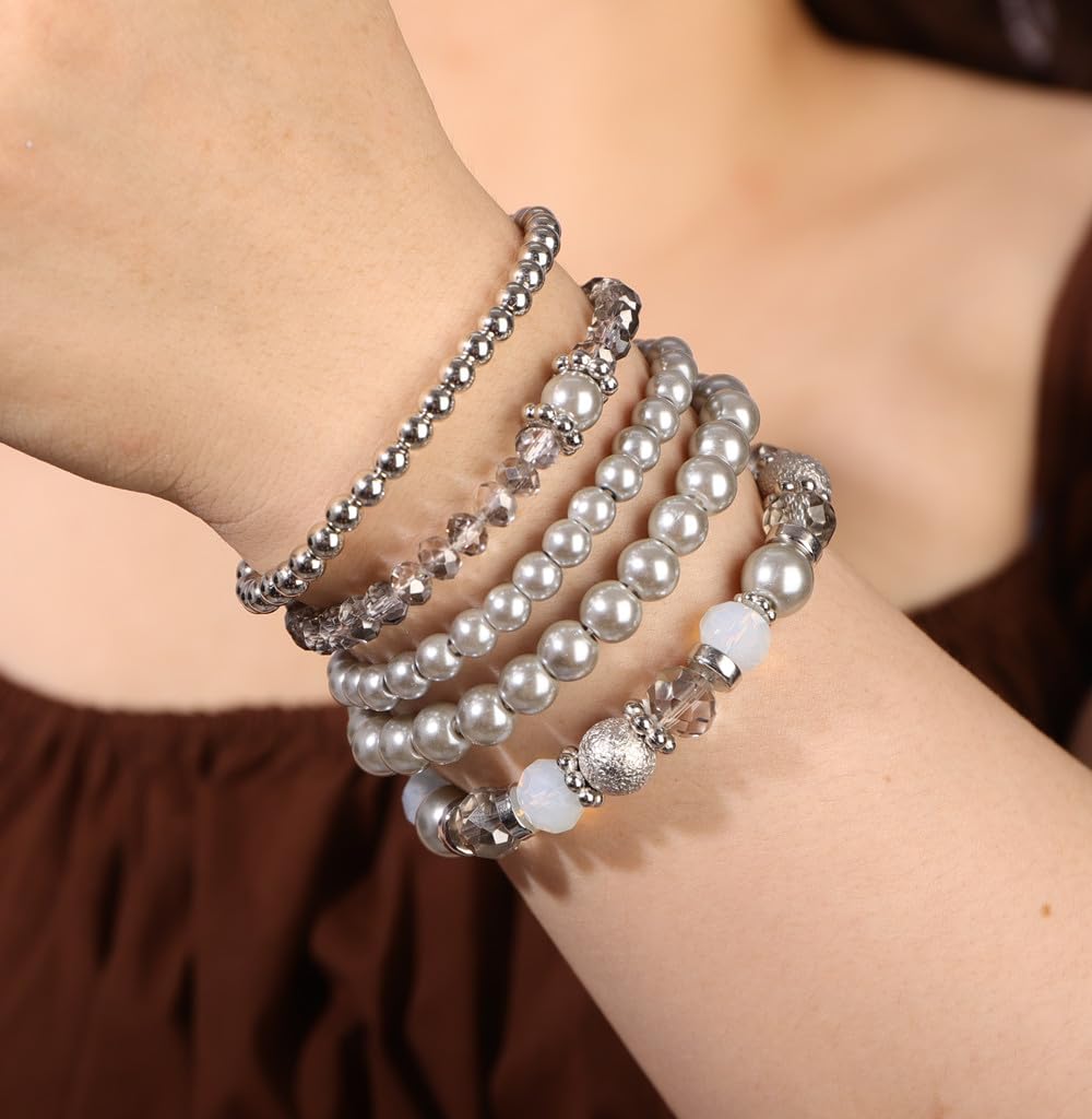 Sither Beaded Pearls Bracelets Pack for Women Boho Laryed Stretch Bracelet Jewelry Set for Halloween Christmas Gift (silver)