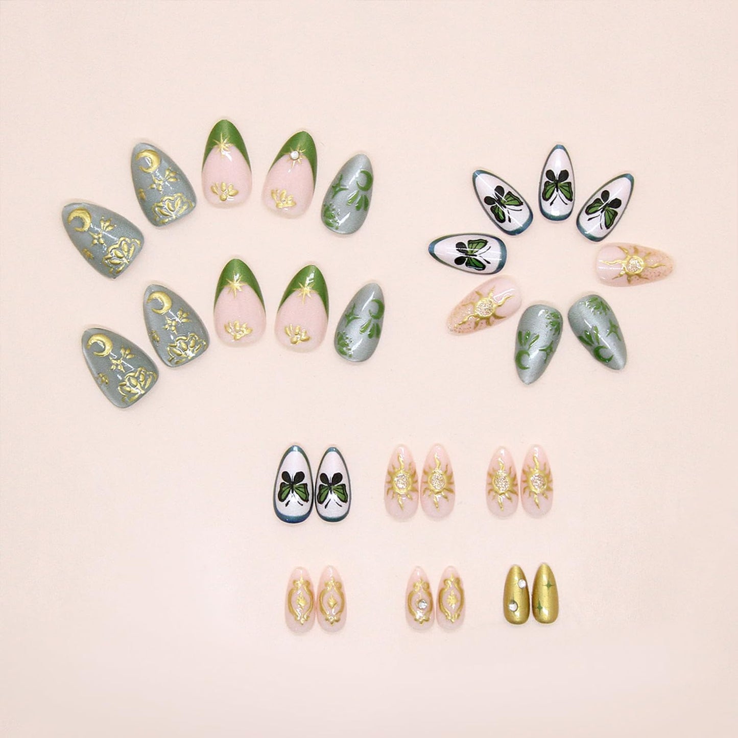 30 Pcs Butterfly Press on Nails 3D Gold Star Moon Fake Nails with Rhinestones Design Short Oval Acrylic Glue on Nail Mirror French Tip False Nail for Women